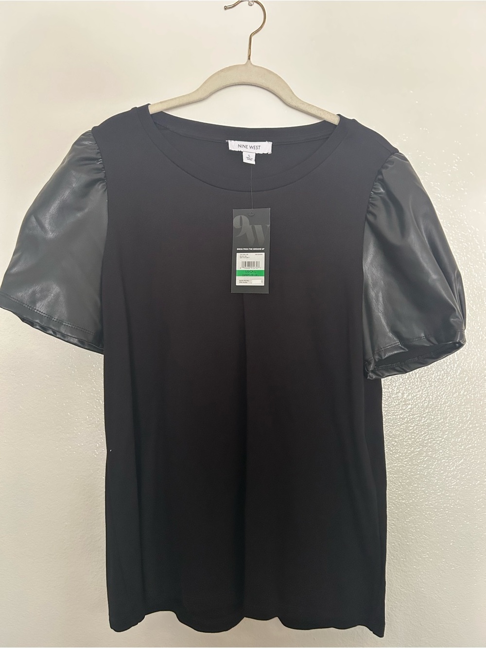 Nine West Black Puff-Sleeve Faux Leather Tee